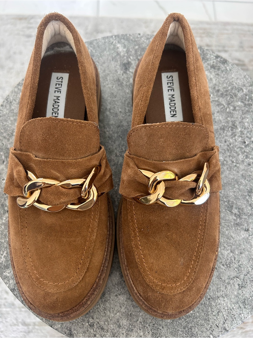 Steve Madden Brown Suede Loafers with Gold Chain Detail